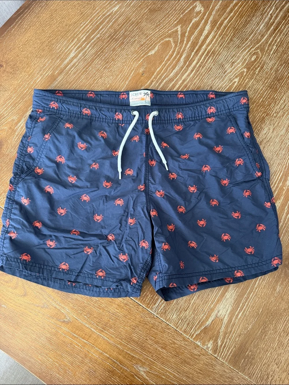 J. Crew Navy Swim Shorts with Red Crab Print